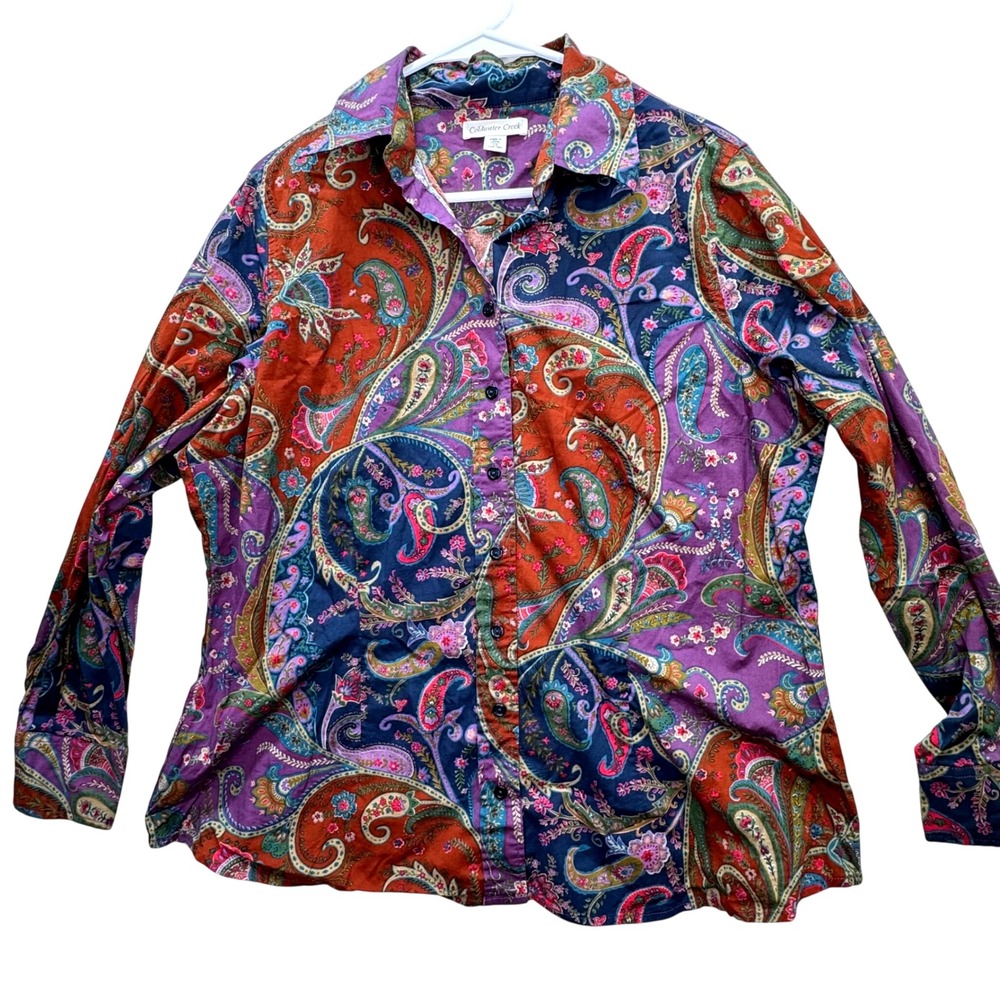 Coldwater Creek Button Up Shirt Womens 1X Paisley Stretch Cotton Boho Fall